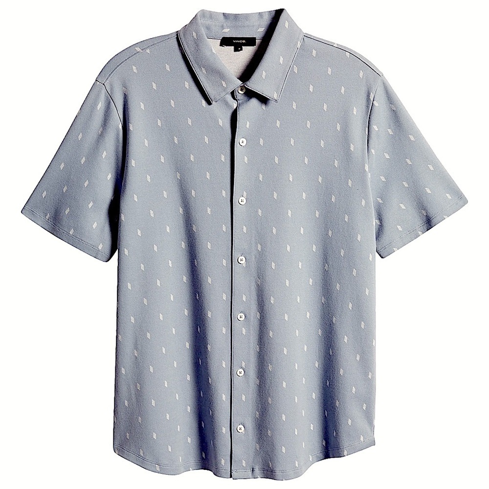 Vince Micro Dot Short Sleeve Cotton Knit Button-Up Shirt Sz XL in Pacific Blue